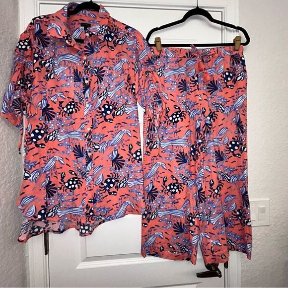 Talbots Gauze Underwater Vision Print Button Down Tunic Shirt And Pant Set - Picture 1 of 15